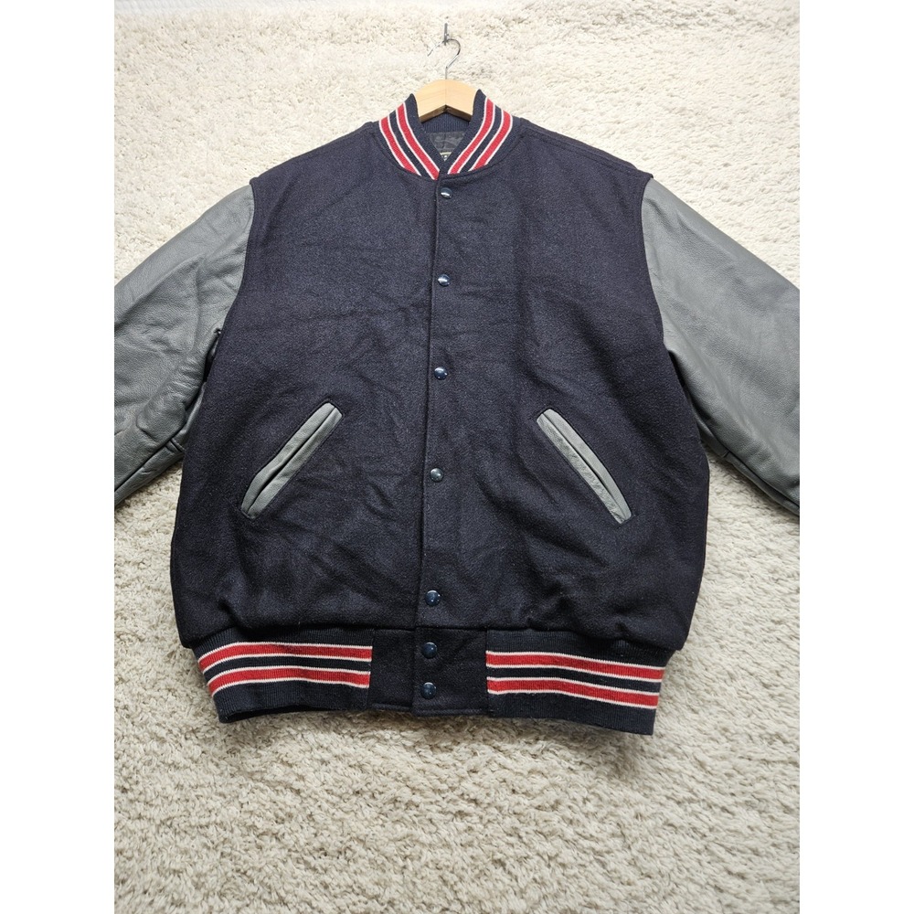 Holloway Varsity Letter Jacket Red, Gray,Blue Wool & Leather Adult  L RETRO EUC